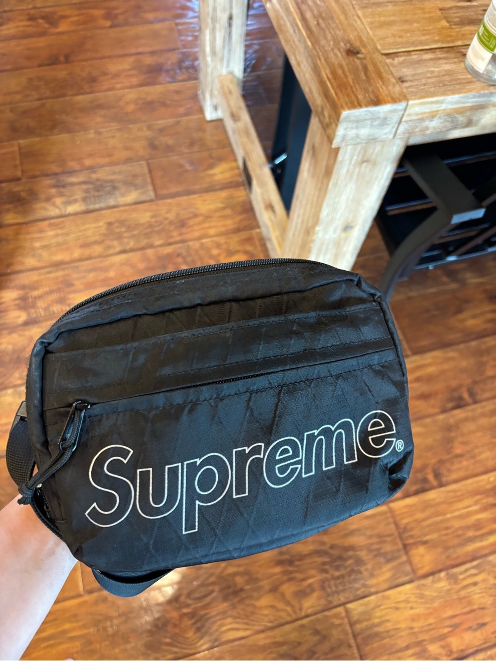 Authentic Supreme Black Quilted Crossbody Belt Bag with White Logo